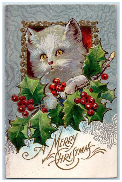 1909 Christmas Holly Cat Kitten Head Embossed Newton Iowa IA Antique Postcard