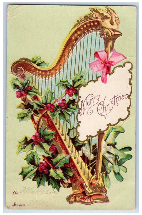 1907 Christmas Holly Berries Harp Clapsaddle Embossed Posted Antique Postcard