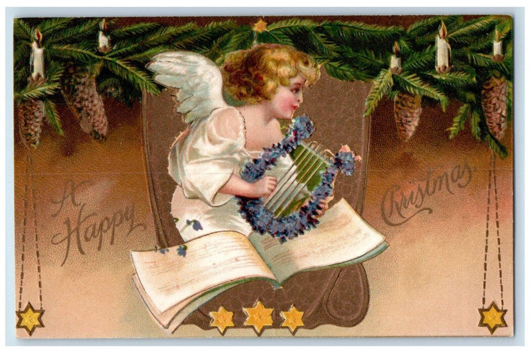 Christmas Angel Lyre Pine Cone Candle Pansies Flowers Clapsaddle Postcard