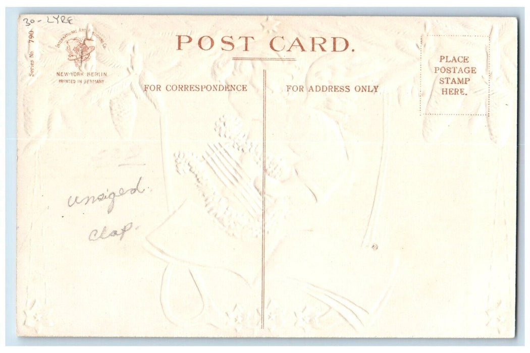 Christmas Angel Lyre Pine Cone Candle Pansies Flowers Clapsaddle Postcard