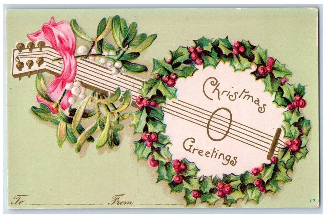 c1905 Christmas Greetings Banjo Holly Berries Embossed Clapsaddle Postcard