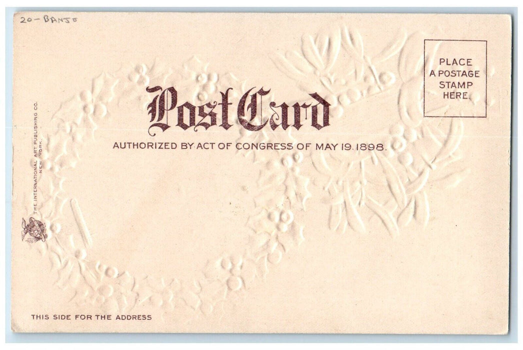 c1905 Christmas Greetings Banjo Holly Berries Embossed Clapsaddle Postcard