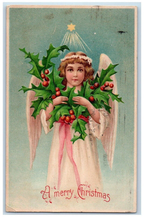 1908 Christmas Holly Berries Angel Embossed Chicago Illinois IL Antique Postcard