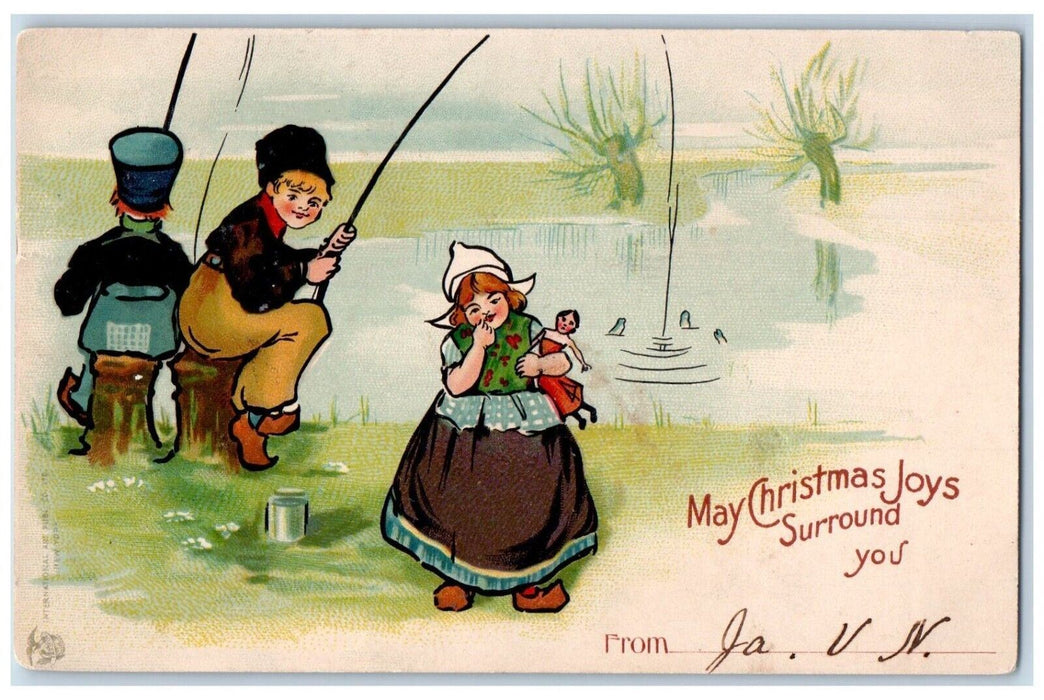 1904 Christmas Dutch Children Fishing Doll Clapsaddle Albany NY Posted Postcard