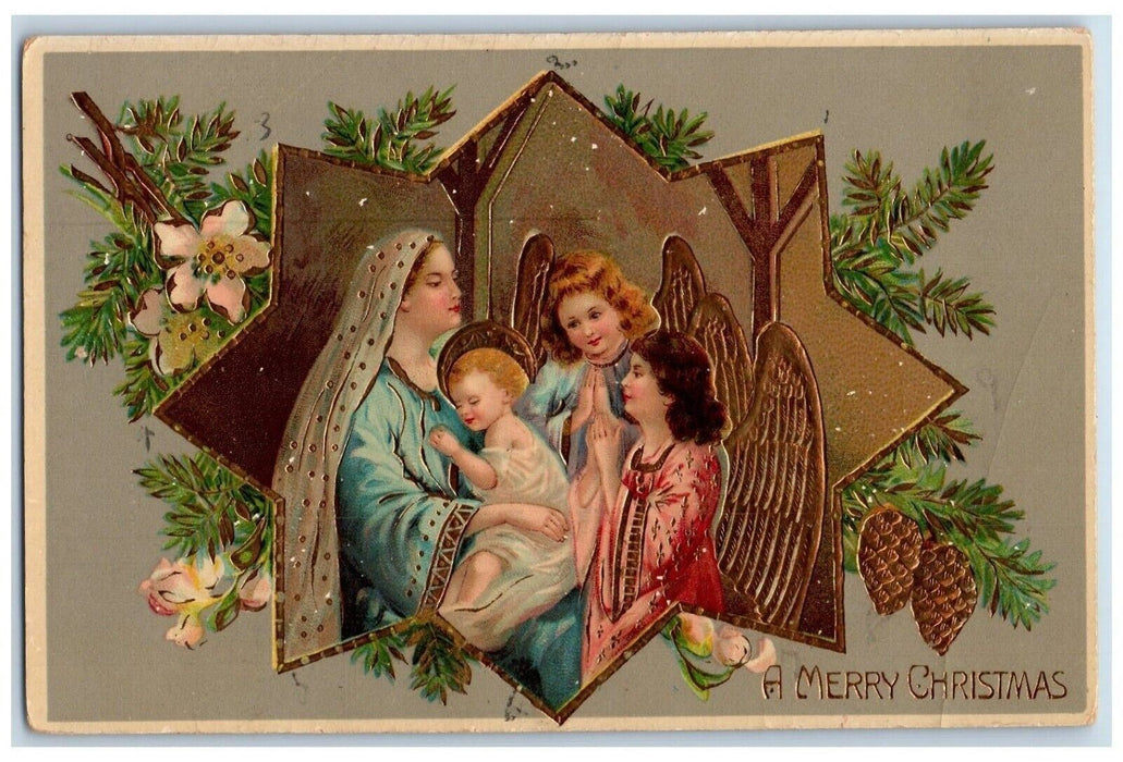 c1910's Christmas Virgin Mary Angels Pine Cone Flowers Gel Golt Gilt Postcard