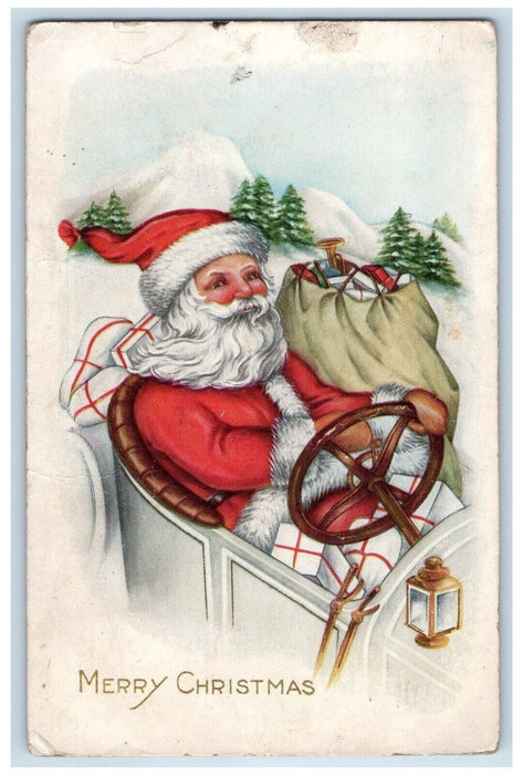 c1910's Christmas Santa Claus Driving Car Sack Of Toys Lantern Embossed Postcard