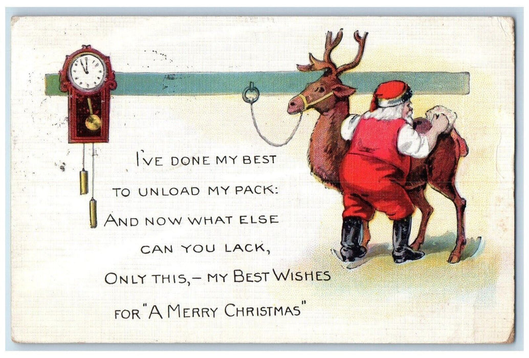 1922 Christmas Santa Claus Reindeer Cuckoo Clock Embossed Glenellyn IL Postcard