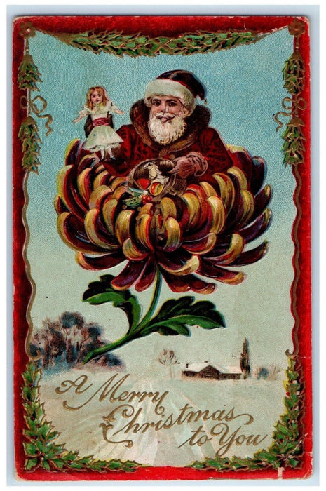 1911 Christmas Santa Claus Toys In Exaggerated Flowers Chicago IL Postcard