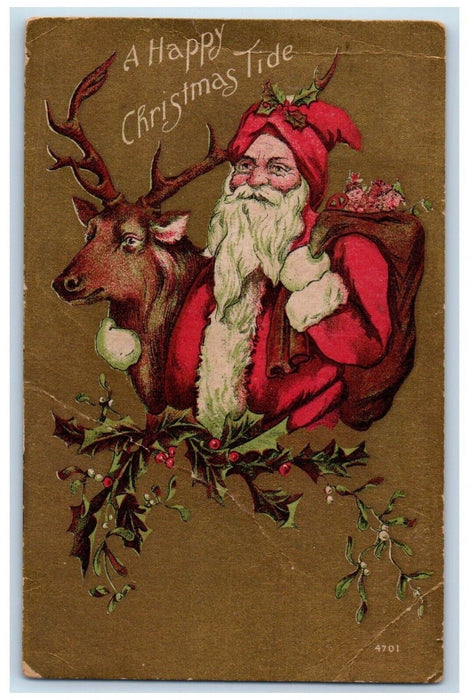 c1910's Christmas Tree Santa Claus Reindeer Sack Of Toys Holly Berries Postcard