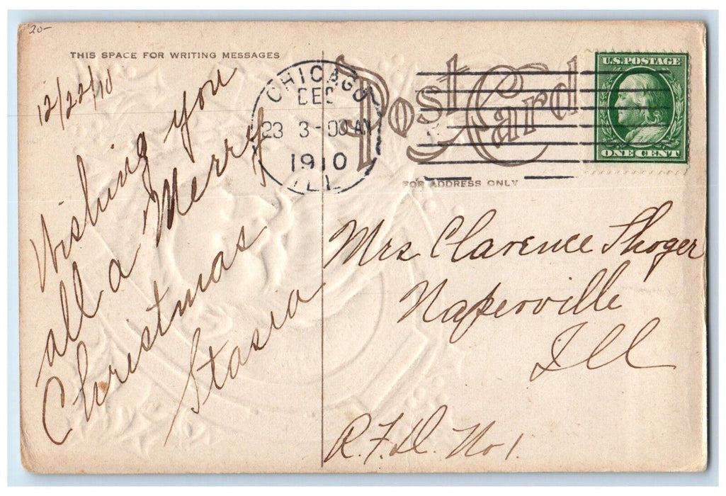 1910 Christmas Santa Claus Horseshoe Holly Berries Embossed Chicago IL Postcard