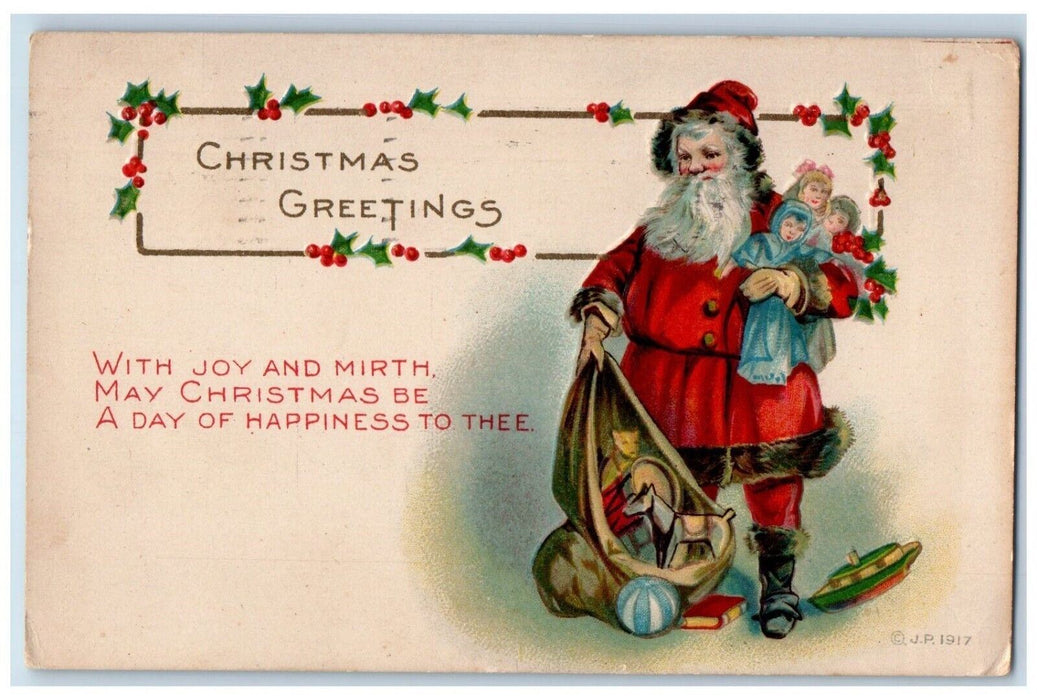 1917 Christmas Greetings Santa Claus Sack Of Toys Doll Milwaukee WI Postcard