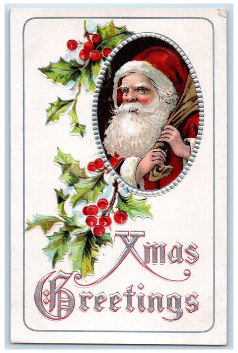 c1910's Christmas Greetings Santa Claus Sack Of Toys Holly Morrison IL Postcard