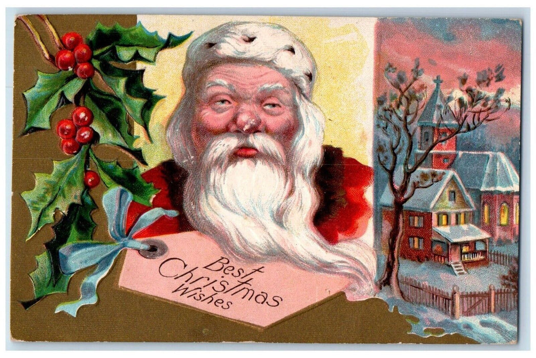 1908 Christmas Santa Claus Holly Berries Houses Winter Bamforth Antique Postcard