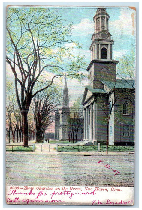 1907 Three Churches on Green New Haven Connecticut CT Antique Posted Postcard