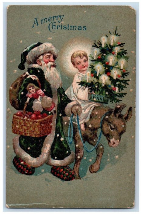 1907 Green Robe Santa Old World Christmas Tree Candles Mule Postcard