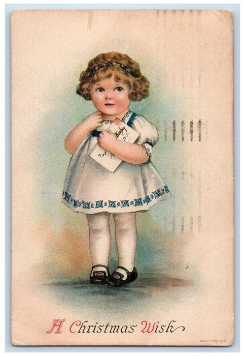 1921 Christmas Cute Little Girl Dress Curly Hair Dress Letter Wolf Postcard