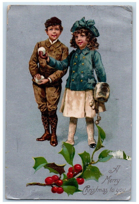 1906 Christmas Boy Girl Snowball Handwarmer Holly Berries Antique Postcard