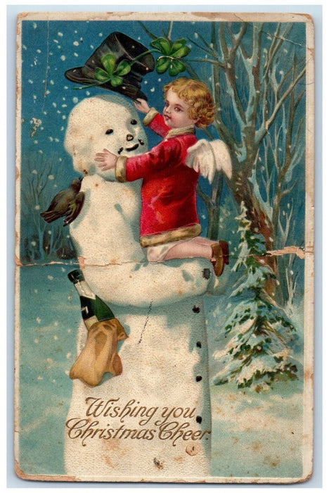 1916 Christmas Snowman Hat Angel Shamrock Champagne Snowfall Clapsaddle Postcard