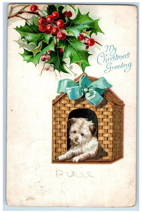 1909 Christmas Greeting Holly Berries Dog Doghouse Darky PA Postcard