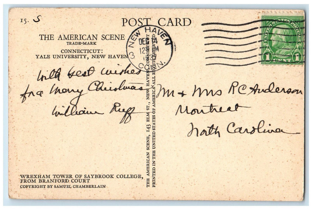 1937 Wrexham Tower of Saybrook College American Scene New Haven CT Postcard
