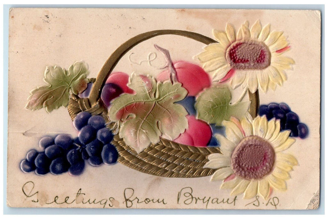 c1910 Fruits Flower Basket Greetings from Bryant SD Embossed Postcard