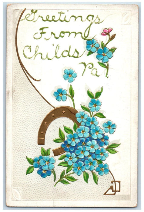 1908 Flowers Horseshoe Greetings from Childs Pennsylvania PA Embossed Postcard