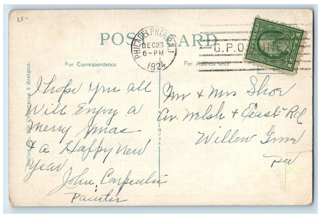 1924 Christmas Tree Santa Claus Decorated Gift Present Philadelphia PA Postcard