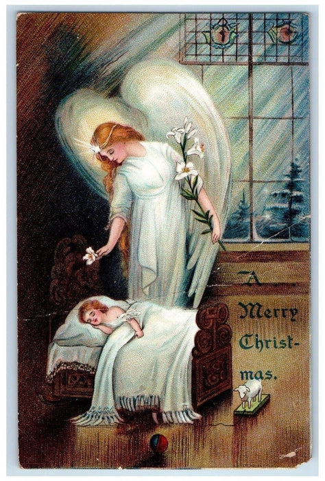 1908 Christmas Girl Sleeping Angel White Lily Flowers Dundee IL Antique Postcard