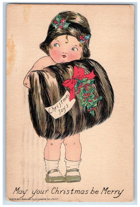 c1910's Christmas Girl Holly Berries Handwarmer Posted Antique Tuck's Postcard