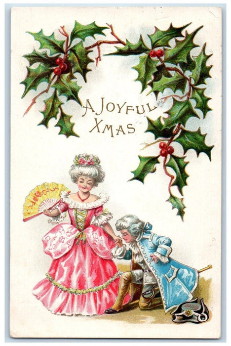 c1910's Christmas Victorian Girl Fan Holly Berries Embossed Antique Postcard