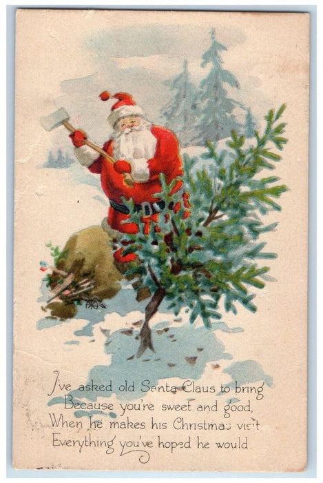 c1910's Christmas Santa Claus Cutting Pine Tree Sack Of Toys Gibson Postcard