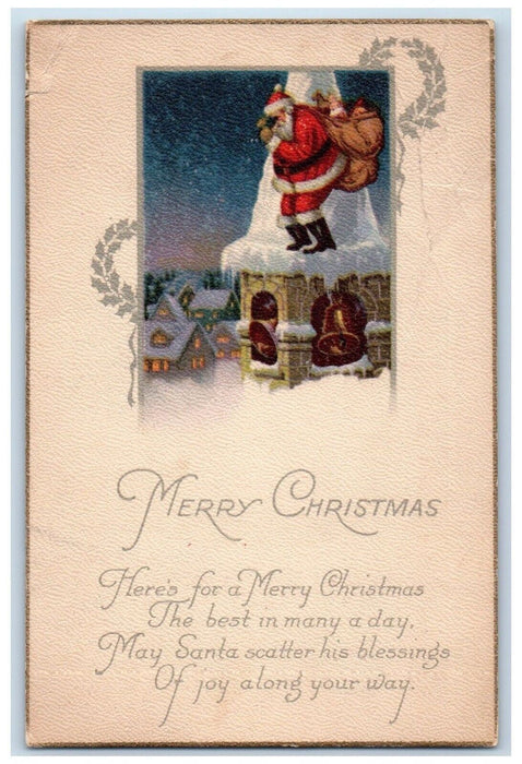 1923 Christmas Santa Claus Sack Of Toys Telescope Ringing Bell Winter Postcard