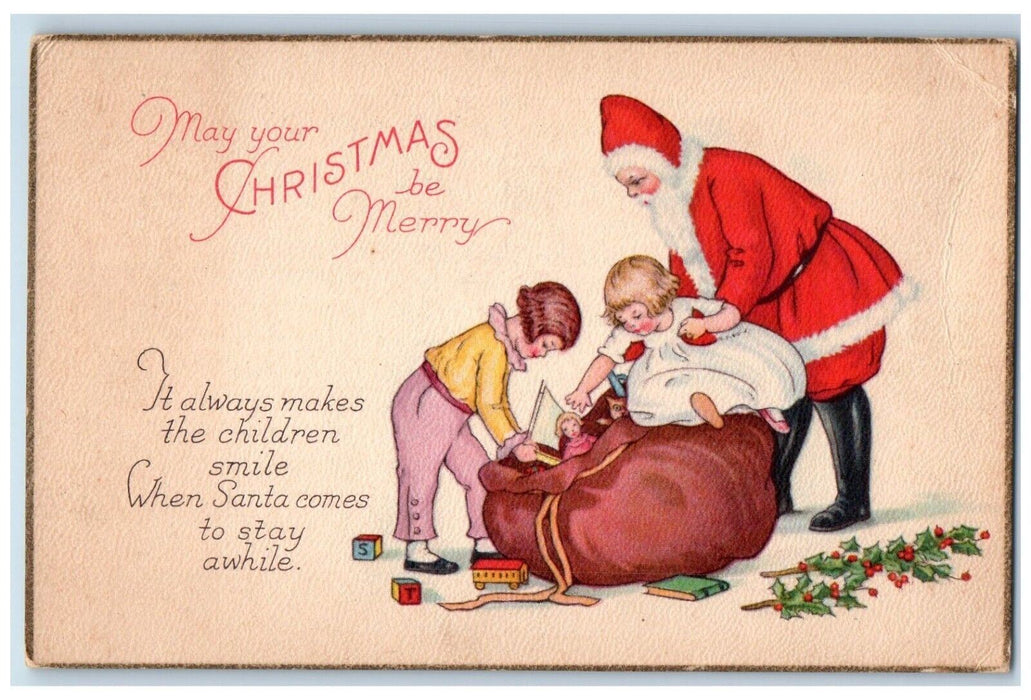 c1910's Christmas Santa Claus Sack Of Toys Children Holly Berries Postcard