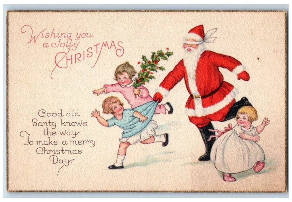 c1910's Christmas Santa Claus Blindfold Childrens Playing Holly Berries Postcard