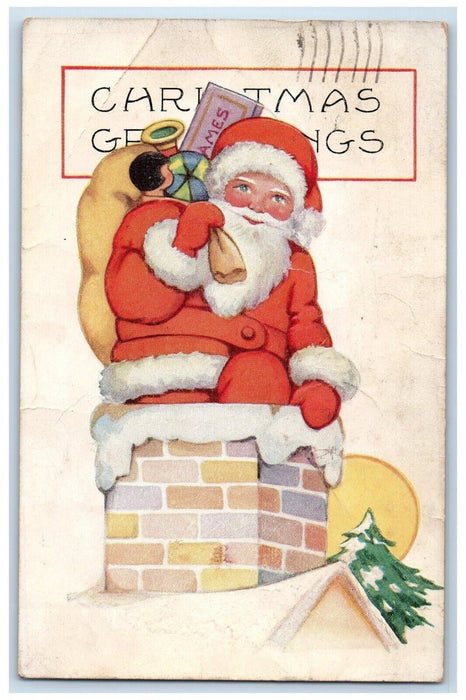 c1910's Christmas Greetings Santa Claus Sack Of Toys Chimney Embossed Postcard