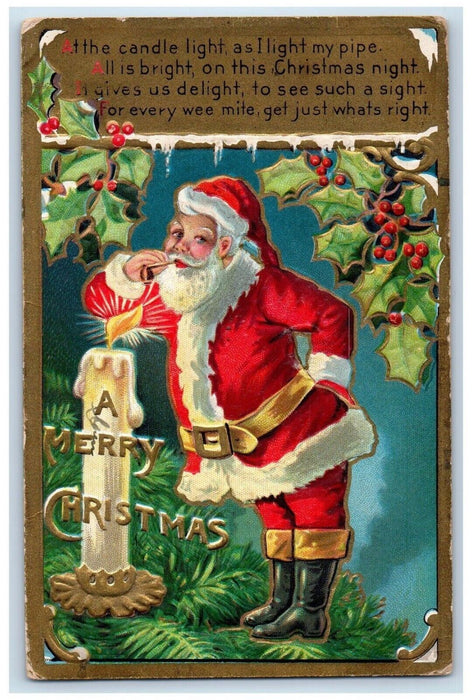 c1910's Christmas Santa Claus Candle Holly Berries Embossed Nash Posted Postcard