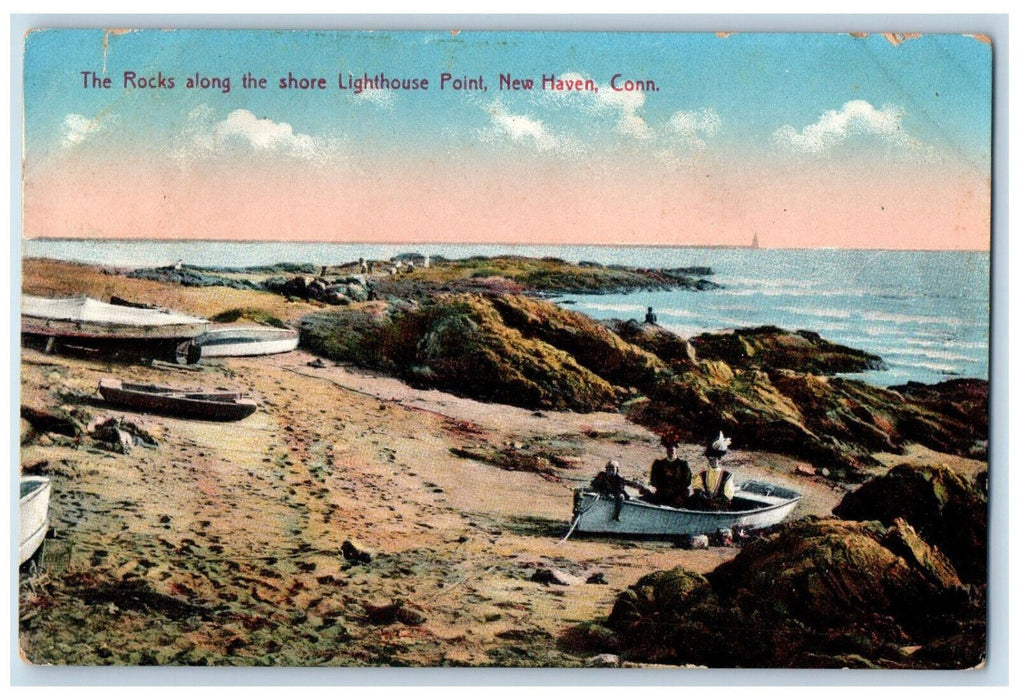 c1910 Boat The Rocks Along The Shore Lighthouse Point New Haven CT Postcard