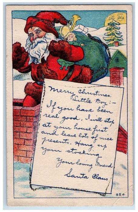 c1910's Christmas Santa Claus Sack Of Toys Chimney Winter Pine Trees Postcard