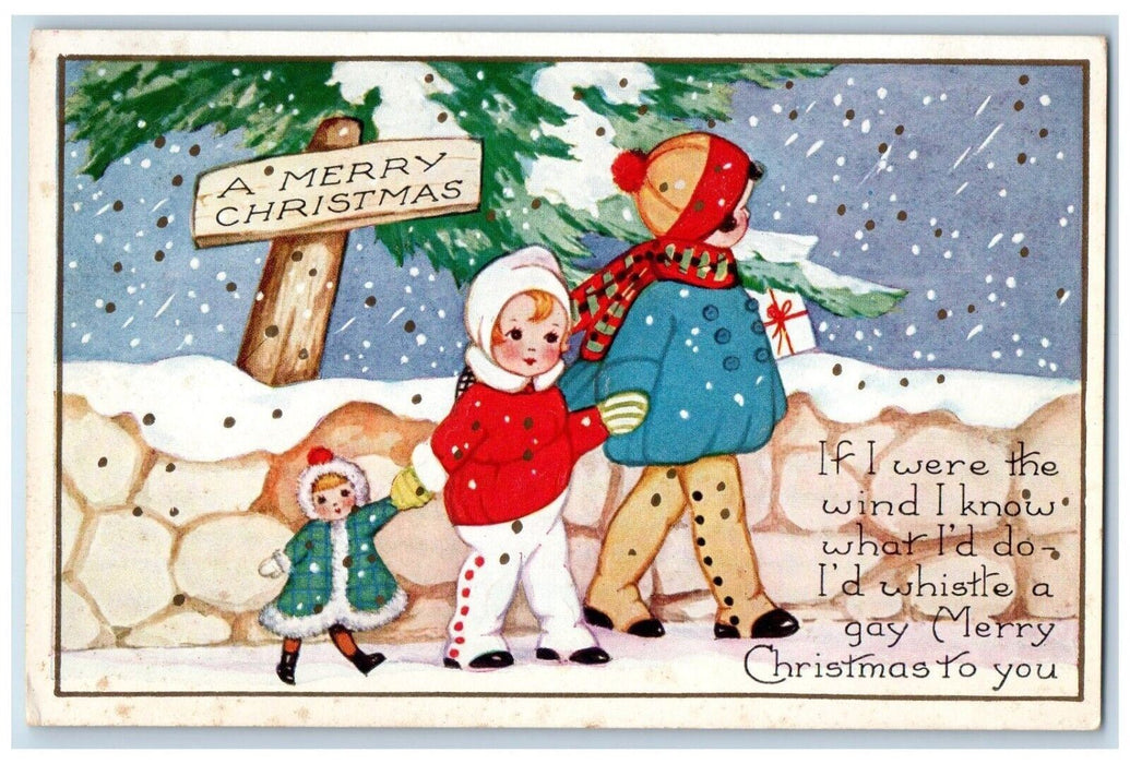 c1910's Christmas Sign Santa Claus Mother And Daughters Snowfall Postcard