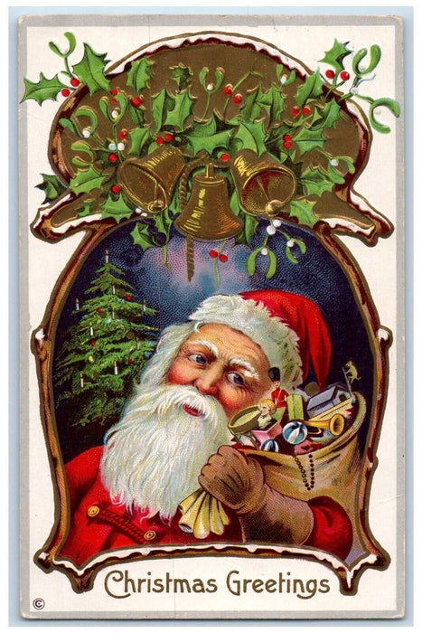 1914 Christmas Greeting Santa Claus Sack Of Toys Holly Bells Embossed Postcard