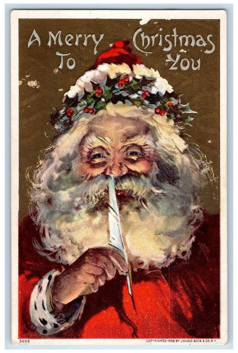 c1910's Christmas Santa Claus Feather Holly Berries Embossed Antique Postcard