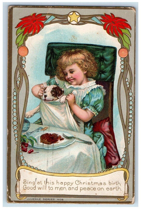 1910 Christmas Little Girl Dog Pudding Poinsettia Flowers Rockford IL Postcard
