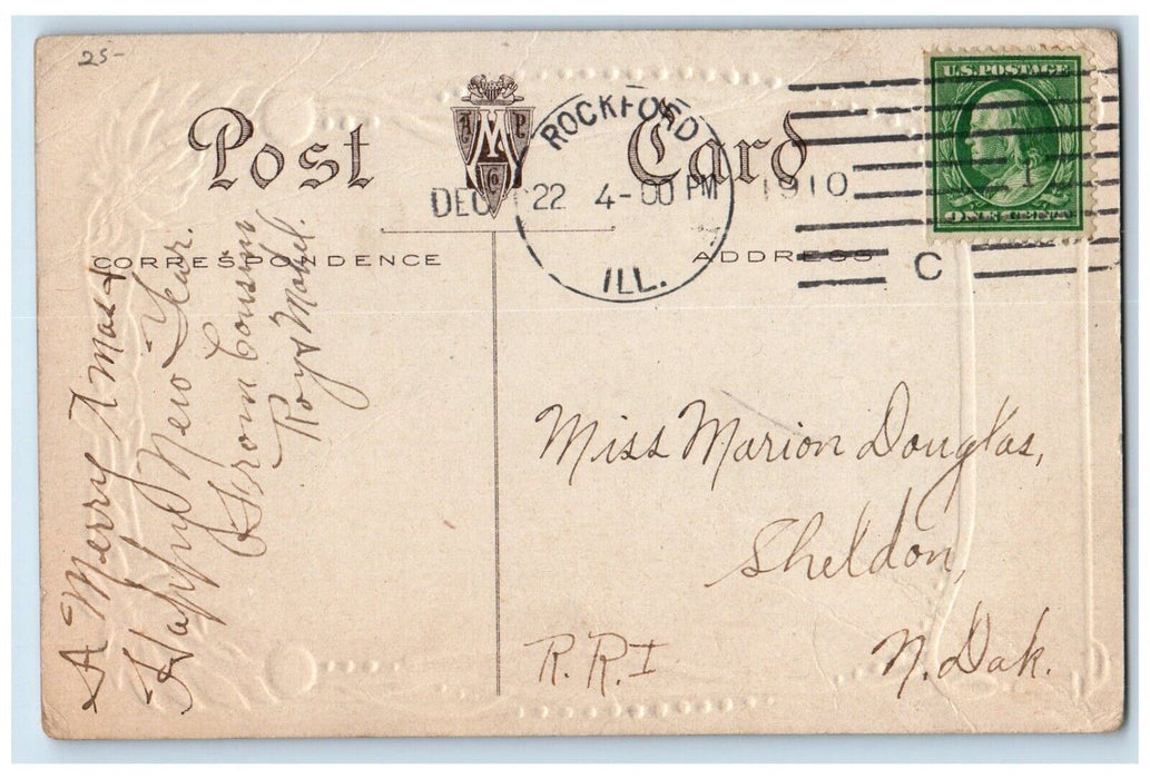 1910 Christmas Little Girl Dog Pudding Poinsettia Flowers Rockford IL Postcard