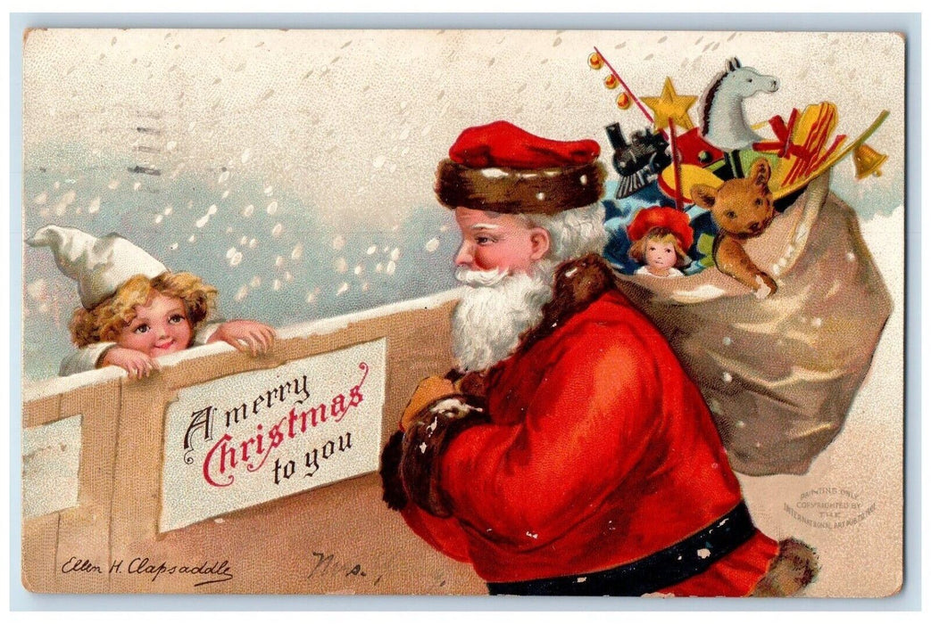 1907 Christmas Santa Claus Sack Of Toys Snowfall Ellen H. Clapsaddle Postcard