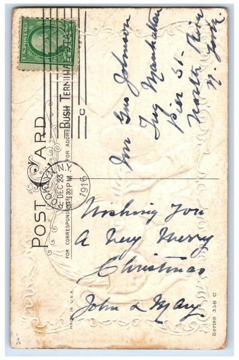 1916 Christmas Little Boy Trumpet Black Cat Holly Leaf Embossed Antique Postcard