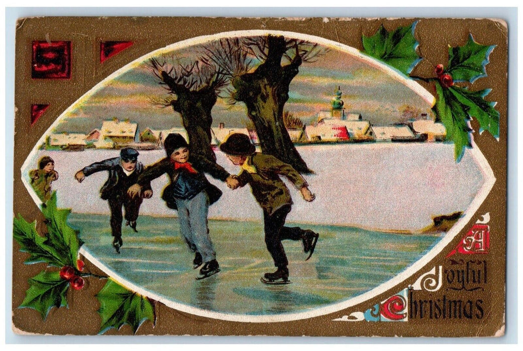 1910 Christmas Boys Ice Skating House Winter Snow Holly Embossed Posted Postcard