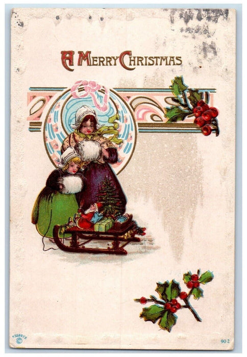 1912 Christmas Mother And Daughter Sled Toys Handwarmer Holly Embossed Postcard