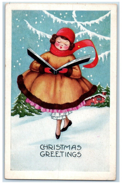 c1910's Christmas Greetings Girl Caroling Snowfalls Pine Tree Winter Postcard