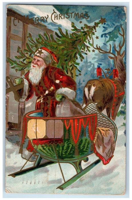 1908 Christmas Santa Claus Reindeer Sled Sack Of Toys Pine Tree Posted Postcard