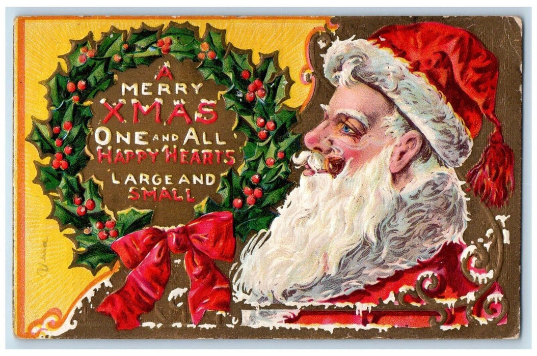 Christmas Santa Claus Holly Whreat Red Ribbon Embossed Posted Antique Postcard